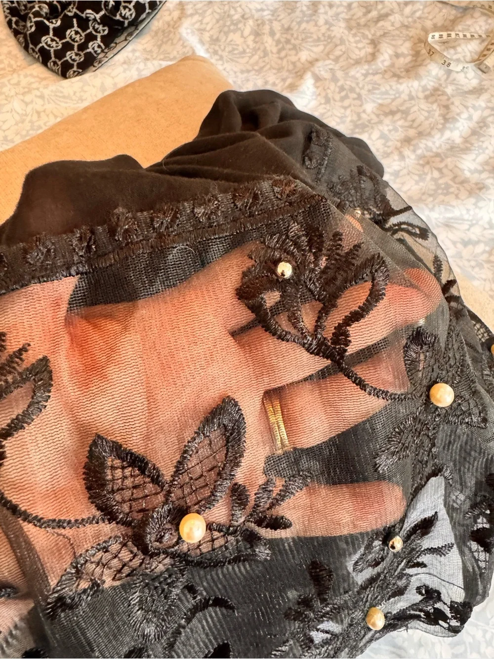 Black Lace Pearl Accent Scarf - Women Accessories